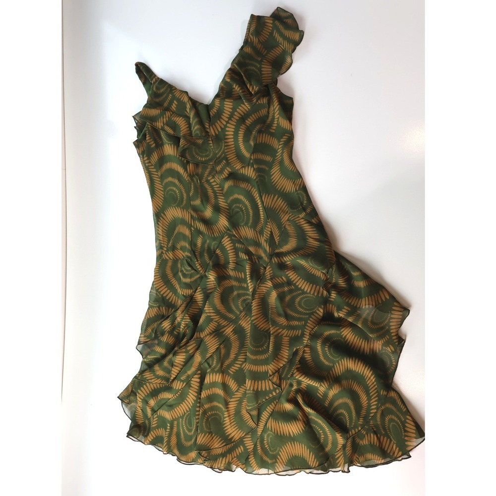 Signature by Robbie Bee Green Swirl Print Ruffle Dress Women's 8P Petite